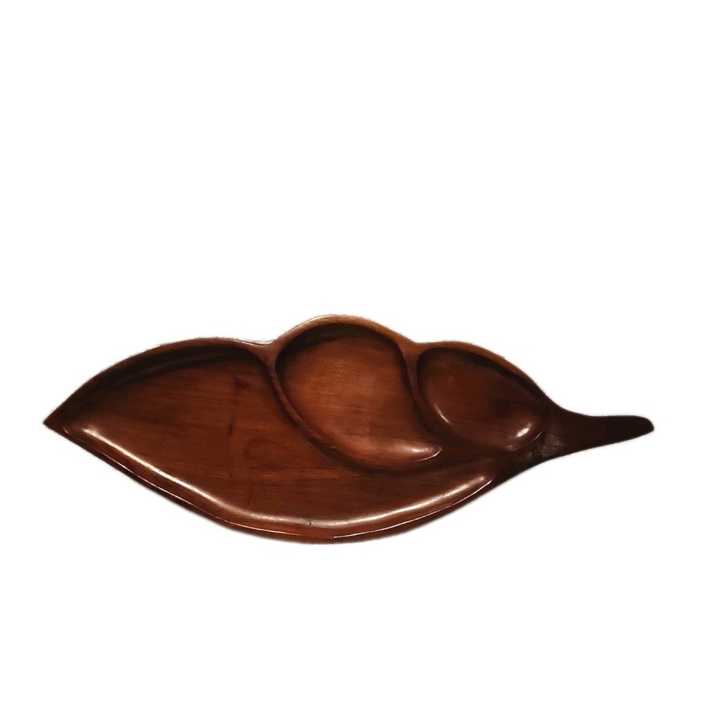 Large Monkey Pod 3 Section Leaf  Serving Tray Wood MCM Handmade
